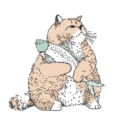 A fat cat is holding a big fish in its paws. Sketch of a Hungry overweight kitten on a white background. An obese cat is ready to eat. Vector illustration
