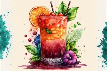 Cold fruit drink with ice mint and cocktail tubes decorated with flowers and foliage.Colorful illustration in a watercolor style on a light background.AI generated.