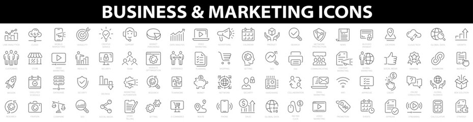 Fototapeta na wymiar 80 icons Business & marketing. Digital marketing icon. Business icon. Content, search, marketing, e-commerce, seo, electronic devices, social, social media. Vector illustration
