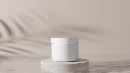 White, blank, unbranded cosmetic cream jar with leaves shadows and water on beige background. Skin care product presentation. Animated mock up. Skincare, beauty and spa. Jar with copy space. 3D. - Powered by Adobe