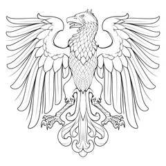 Heraldic Eagle front view, wings spread. Heraldic supporter a part of a Coat of Arms. Black line drawing isolated on white background. EPS10 vector illustration.