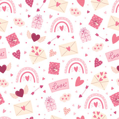 Vector seamless pattern with hearts, envelope, rainbow, arrows and gifts. Lovely romantic background for Valentine's Day, Mother's Day, wedding. Suitable for wrapping paper, postcards, invitations.