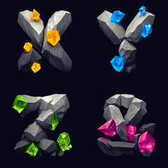 Fantasy style letters made of hard stones and magical glowing gems. Colorful bitmap alphabet set made with Generative AI technology.