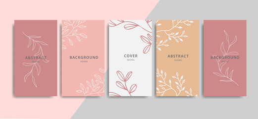 A set of layouts for a social network. Pink flowers, outlines of flowers and leaves. The concept of promoting your product in the social network.