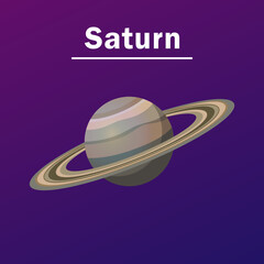 Saturn on blue and purple background cartoon illustration. Saturn. Space, planetary, galaxy, astronomy concept