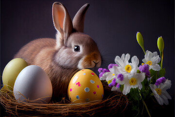 Easter Day Rabbit and colorful eggs | Easter day copy space | Happy Easter | Ai generative | Cute, fluffy and hyper realistic rabbit with painted eggs | Bunny with eggs | Eggs in nest | Photorealism 