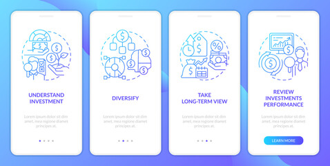 Investing rules blue gradient onboarding mobile app screen. Trading walkthrough 4 steps graphic instructions with linear concepts. UI, UX, GUI template. Myriad Pro-Bold, Regular fonts used