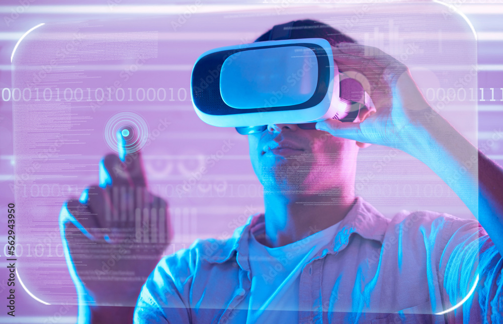 Aufkleber Futuristic data, virtual reality and man in metaverse exploring a cyber world. Digital transformation, neon technology and male touching ux button for trading, stock market or vr, binary or software.