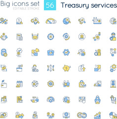 Treasury services RGB color icons set. Financial management. Finance operations. Business income. Isolated vector illustrations. Simple filled line drawings collection. Editable stroke