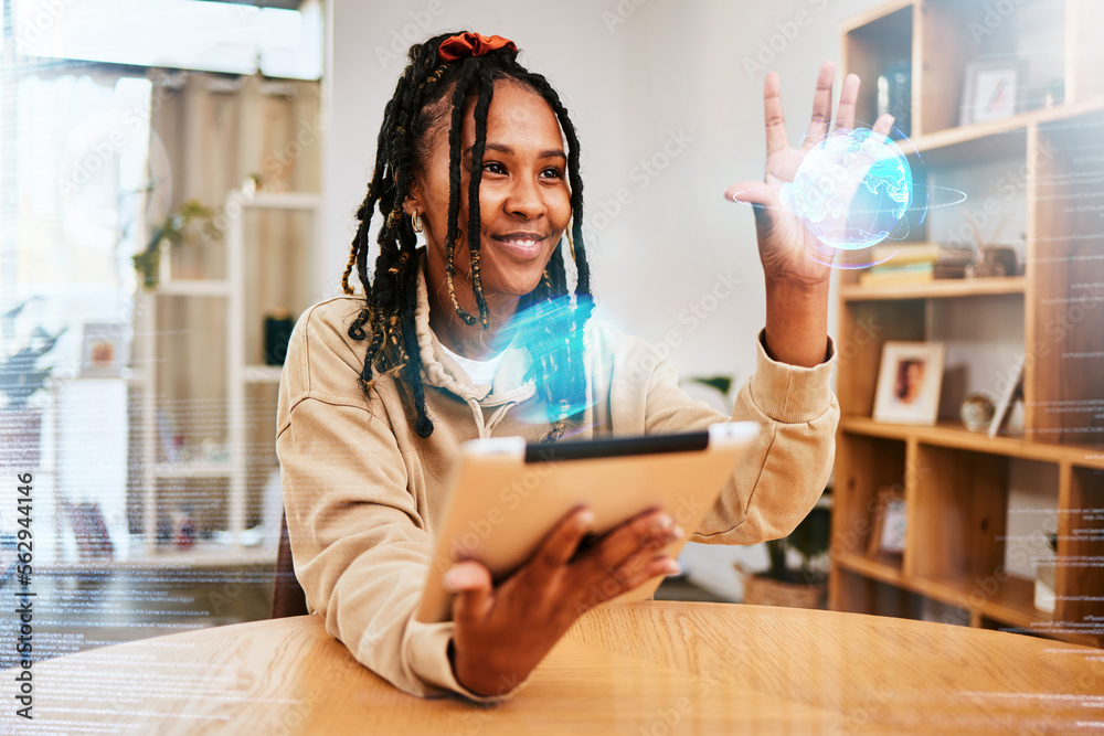 Aufkleber Tablet, world and woman with globe hologram for virtual elearning, 3d globalization and future learning innovation. Knowledge development, overlay data and black student study global education growth