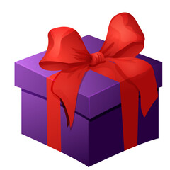 Present box with red bow, ribbon cute gift with wrapped paper, surprise in cartoon style isolated on white background.