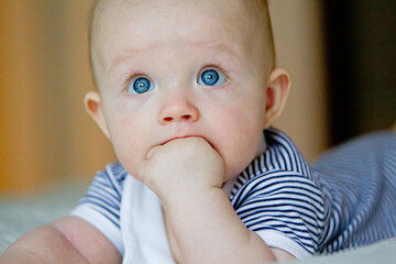 Closeup indoor portrait of a cute happy toddler boy with blue eyes playing with his hand	