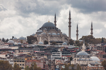 Fototapeta na wymiar Istanbul. Beautiful view of Eminonu area in Fatih area on the Golden Horn with Suleymaniye Mosque on a cloudy day