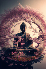 Buddha statue with cherry blossom. Mediation and zen concept. Designed using generative ai.