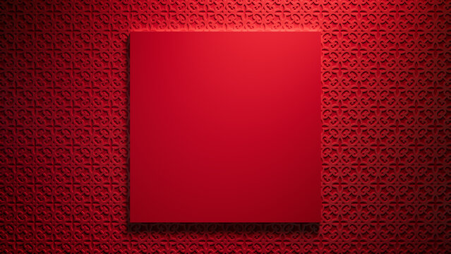 Red Eastern Design Template featuring Square Frame with copy-space. Chinese New Year Background with 3D Pattern.