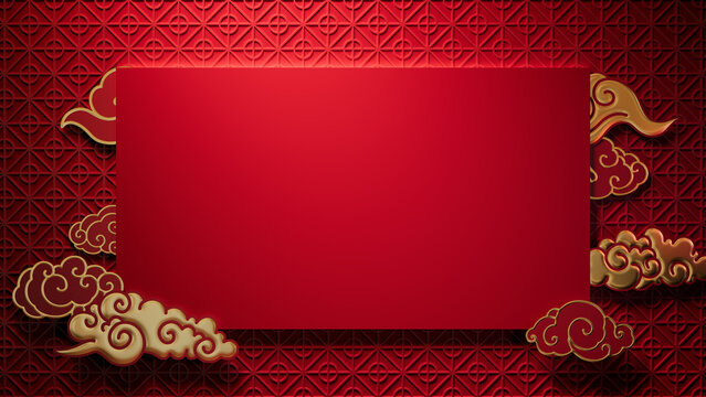 Red Eastern Design Background, with Rectangle Frame and Clouds on 3D Pattern. Lunar New Year Template with copy-space.