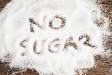 No sugar, sweet granulated sugar with text, diabetes prevention, diet and weight loss for good health.