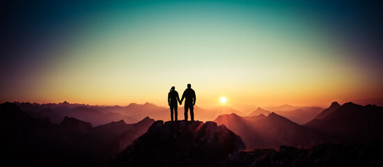 Silhouette Couple of man and woman reaching summit enjoying freedom and looking towards mountains sunset. Alps, Allgaeu, Bavaria, Germany. - 562944577