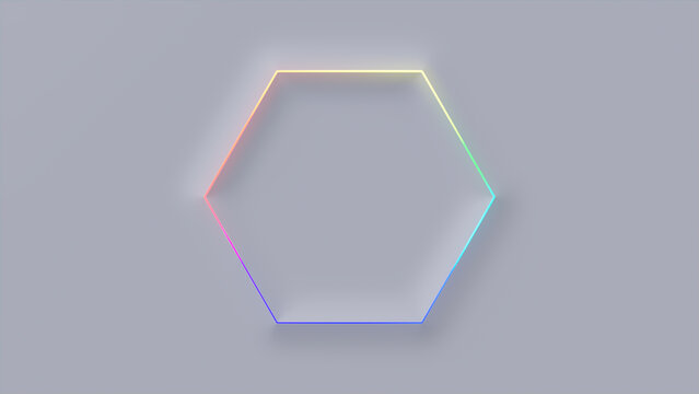 Minimalist Tech Background with Raised Hexagon and Rainbow Illuminated Trim. White Surface with Embossed 3D Shape. 3D Render.
