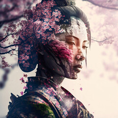 Geisha in Japan with cherry tree. Concept. Designed using generative ai.