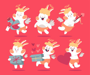 Cute cupid rabbits vector cartoon Valentines day characters set isolated on background.