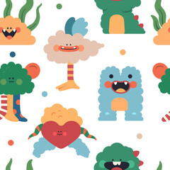 Cute fluffy monsters vector cartoon seamless pattern background for wallpaper, wrapping, packing, and backdrop.