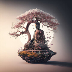 Buddha statue with cherry blossom. Mediation and zen concept. Designed using generative ai.
