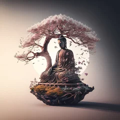 Fototapeten Buddha statue with cherry blossom. Mediation and zen concept. Designed using generative ai.  © XtravaganT