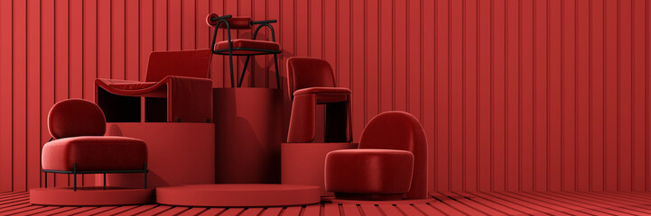Fototapeta premium Interior of the room in plain monochrome light red color with chair and armchair. Light background with copy space. 3D rendering for web page, presentation or product design