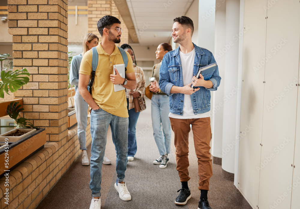 Poster education, smile and college with students on campus with books for learning, scholarship or knowled