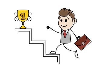 Cartoon stick man drawing conceptual illustration of businessman running up stairs for a reward, award, prize, trophy. Man or businessman trying to succeed. Business concept of success and career.