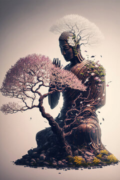 Buddha statue with cherry blossom. Mediation and zen concept. Designed using generative ai.

