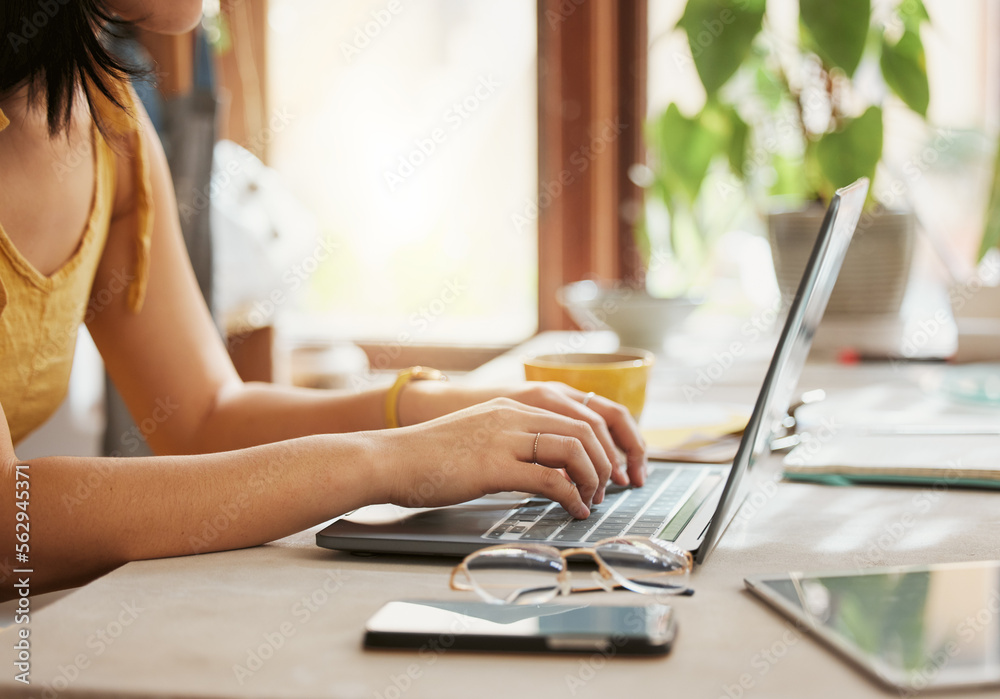 Poster Computer, woman hands and online working of a remote employee with code work at home. Web research, internet and pc writing of a female freelancer typing on a laptop planning for coding writer job