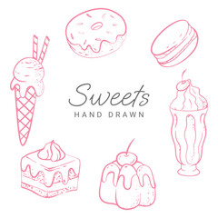 hand drawn style pink sweets donut milkshake ice cream cake piece and macaron