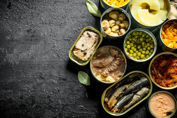 Assortment of different kinds of canned food in cans.