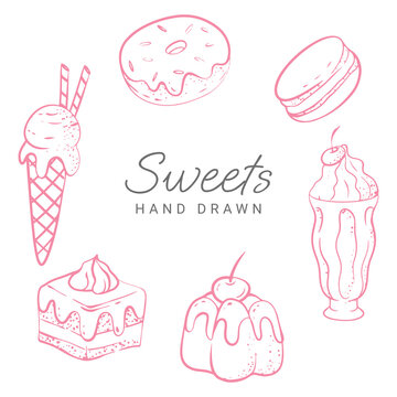 hand drawn style pink sweets donut milkshake ice cream cake piece and macaron