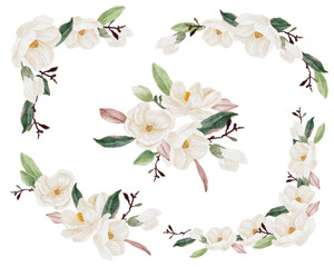 watercolor white magnolia flower and leaf bouquet clipart collection isolated on white background © Unchalee