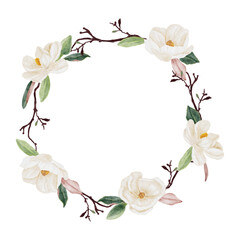watercolor white magnolia flower and leaf bouquet clipart wreath frame © Unchalee