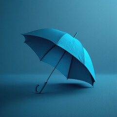 a blue umbrella is opened on a blue background,  standing on the blue ground. Generative AI - obrazy, fototapety, plakaty