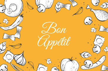 yellow food background and inscription bon appetit