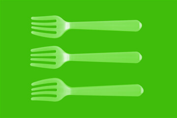 three plastic white forks on a green background. isolate. Top view.