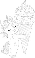 Cute cartoon unicorn creature with ice cream cone sketch template. Children graphic vector illustration in black and white for icons, emoji symbols, games. Coloring paper, page, story book, print