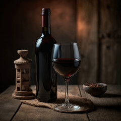 Red Wine Bottle And Red Wine In Glass on a wooden table,  Generative AI - obrazy, fototapety, plakaty