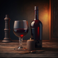 Red Wine Bottle And Red Wine In Glass on a wooden table,  Generative AI