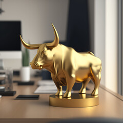 Bull statue illustration made in solid gold, financial market,  Generative AI - obrazy, fototapety, plakaty