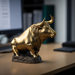 Bull statue illustration made in solid gold, financial market,  Generative AI - obrazy, fototapety, plakaty