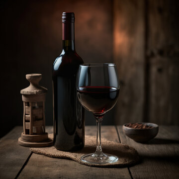 Red Wine Bottle And Red Wine In Glass on a wooden table,  Generative AI
