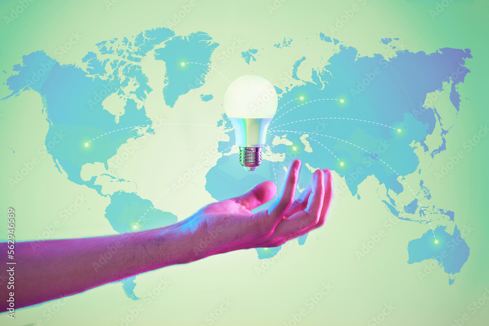 Aufkleber world map, lightbulb and hand for idea, sustainability and networking in digital, data exchange and 