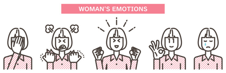 Young woman expressing various emotions with various poses and facial expressions [Vector illustration].
