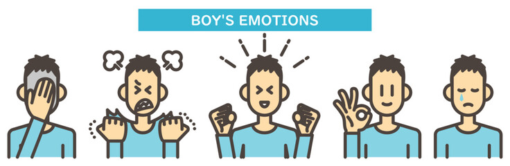 Japanese boy expressing various emotions with various poses and expressions [Vector illustration].